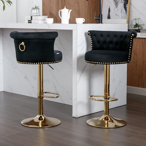 Barhocker 2er Set, Barstuhl Küchenstuhl Mit Lehne Und Fußstütze, 360° Drehbar, Höhenverstellbar, Retro Stil Barstühle Mit Goldfarbener Metallsockel Und Zapfenverzierung Für Küche, Esszimmer (Schwarz) von HAINEW