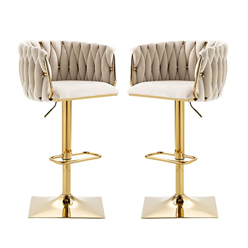 Barhocker 2er Set Samt Barstuhl Höhenverstellbar 360° Drehbar Hocker Mit Handgeflochtener Rückenlehne Und Verchromter Fußstütze Kücheninsel-Beistellstuhl Mit Tonnenrücken (Elfenbeinweiß) von HAINEW