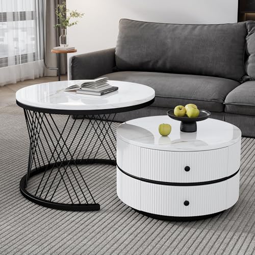 Couchtisch Rund 2er Set mit PVC Marmormuster Tischplatte und Metallrahmen, Beistelltisch-Set Satztische 2er Set, Kaffeetisch Sofatisch mit 2 Schublade für Wohnzimmer Schlafzimmer (Weiß+schwarz -75Z) von HAINEW