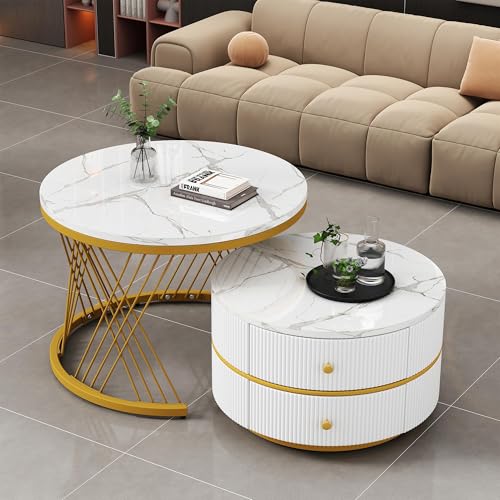 Couchtisch Rund 2er Set mit PVC Marmormuster Tischplatte und Metallrahmen, Beistelltisch-Set Satztische 2er Set, Kaffeetisch Sofatisch mit 2 Schublade für Wohnzimmer Schlafzimmer (Weiß+gold - 75W) von HAINEW