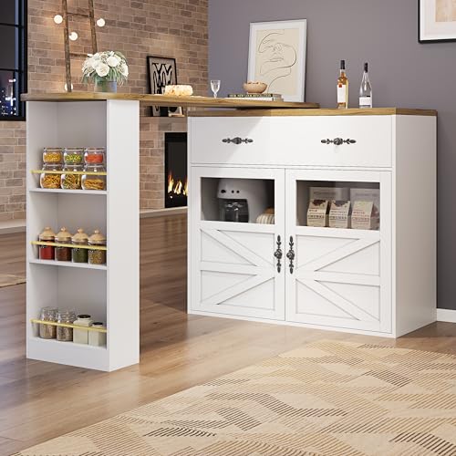 Esstisch Bartisch Ausziehbar mit 2 Türen und 1 Große Schublade, Küchentisch Sideboard Hochtisch mit 360° Drehbarer Desktop und Snackregal, Buffettisch Buffetschrank für Küche Esszimmer (Weiß) von HAINEW