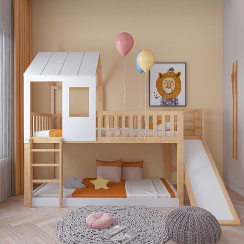 Etagenbett 90×200cm Mit Leiter und Rutsche, Kiefer Holzbett Hausbett Kinderbett Mit Dach und Fenster, Stockbett Hochbett Einzelbett Bodenbett mit Fallschutz und Gitter Für Kinder, Jugendliche, Natur von HAINEW