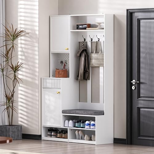Flurgarderoben Set Kompaktgarderobe mit Schuhschrank und Schuhbank, Wandgarderoben Set Garderobenset mit 4 Haken und Offenes Staufach für Flur Schlafzimmer Wohnzimmer, 100×180×35cm (Weiß) von HAINEW