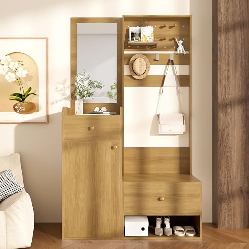 Garderobenset Wandgarderobe Set mit Schränken und 2 Schubladen, Flurgarderobe Set Garderobenschrank mit Haken und Spiegel für Flur, Wohnzimmer, 105×38×180cm (Holzfarben) von HAINEW
