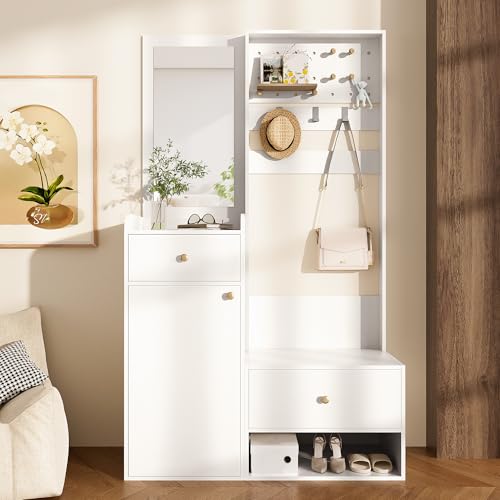 Garderobenset Wandgarderobe Set mit Schränken und 2 Schubladen, Flurgarderobe Set Garderobenschrank mit Haken und Spiegel für Flur, Wohnzimmer, 105×38×180cm (Weiß) von HAINEW