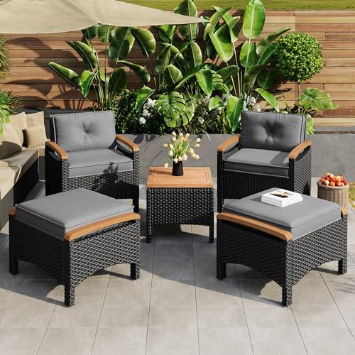 Gartenmöbel Set Rattan Balkonmöbel Lounge Set für 2-4 Personen, 1 × Tisch + 2 × Stühle + 2 × Hocker, Gartengarnitur Set für Veranden, Innenhöfe, Terrassen, Balkone, Poolränder von HAINEW