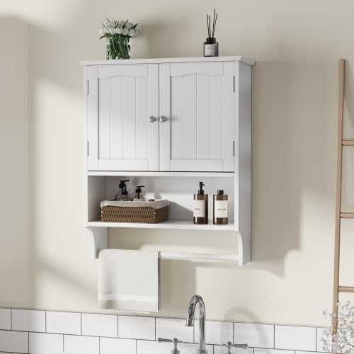 HAINEW Badezimmerschrank Wandschrank mit 2 Türen und Offenen Regalen, Hängeschrank Badschrank Medizinschrank Wandmontage Wandregal Küchenschrank mit Handtuchhalter, 56,8×19×70cm (Weiß) von HAINEW