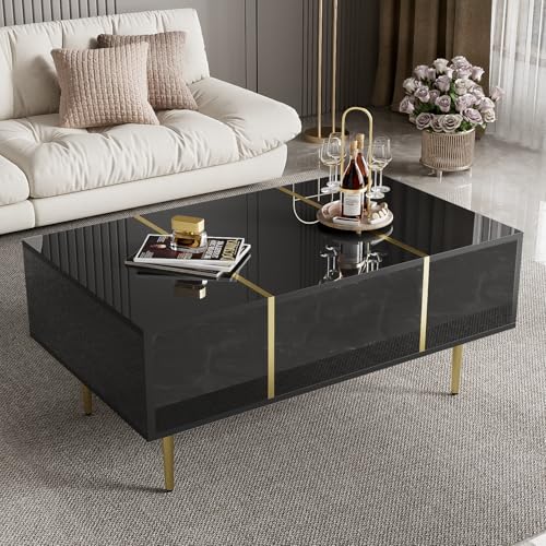 Couchtisch Rechteckig mit 2 Schubladen, Moderner Hochglanz Wohnzimmertisch Beistelltisch Kaffeetisch Sofatisch mit Goldenen Beinen und Goldene Dekoration für Wohnzimmer Schlafzimmer (Schwarz) von HAINEW