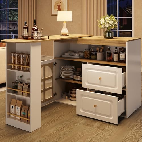 HAINEW Esstisch Bartisch Ausziehbar mit 2 Schubladen und 1 Glastür, Küchentisch Sideboard mit 360° Drehbarer Desktop und Snackregal, Buffettisch Buffetschrank Stehtisch für Küche Esszimmer (Weiß) von HAINEW