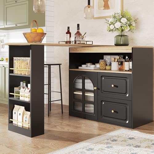 HAINEW Esstisch Bartisch Ausziehbar mit 2 Schubladen und 1 Glastür, Küchentisch Sideboard mit 360° Drehbarer Desktop und Snackregal, Buffettisch Buffetschrank Stehtisch für Küche Esszimmer (Schwarz) HAINEW Esstisch Bartisch Ausziehbar mit 2 Schubladen und 1 Glastür, Küchentisch Sideboard mit 360° Drehbarer Desktop und Snackregal, Buffettisch Buffetschrank Stehtisch für Küche Esszimmer (Schwarz) von HAINEW