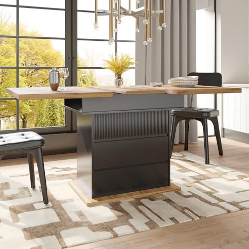 HAINEW Esstisch Küchentisch mit Ausziehbare Tischplatte, Rechteckiger Esszimmertisch Holztisch Speisetisch mit 1 Gestreifte Klapptür und 2 Schubladen Für 4-6 Personen, 110-140×80×75cm (Schwarz) von HAINEW