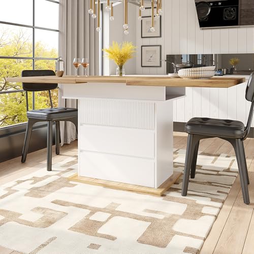 HAINEW Esstisch Küchentisch mit Ausziehbare Tischplatte, Rechteckiger Esszimmertisch Holztisch Speisetisch mit 1 Gestreifte Klapptür und 2 Schubladen Für 4-6 Personen, 110-140×80×75cm (Weiß) von HAINEW