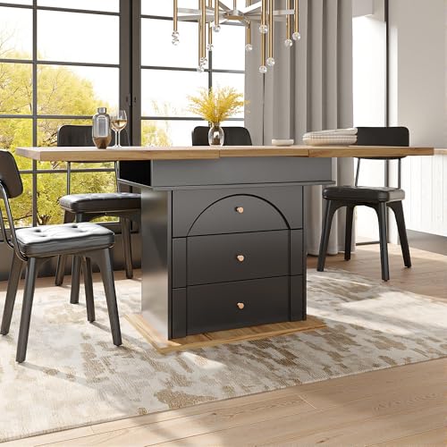 HAINEW Esstisch Küchentisch mit Ausziehbare Tischplatte, Rechteckiger Esszimmertisch Holztisch Speisetisch mit 1 Klapptür und 2 Schubladen Für 4-6 Personen, 110-140×80×75cm (Schwarz) von HAINEW