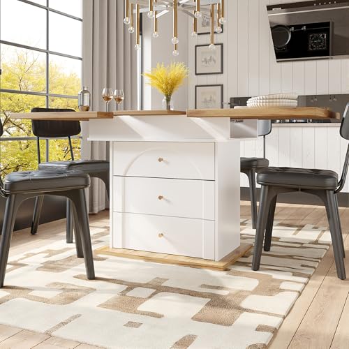 HAINEW Esstisch Küchentisch mit Ausziehbare Tischplatte, Rechteckiger Esszimmertisch Holztisch Speisetisch mit 1 Klapptür und 2 Schubladen Für 4-6 Personen, 110-140×80×75cm (Weiß) von HAINEW