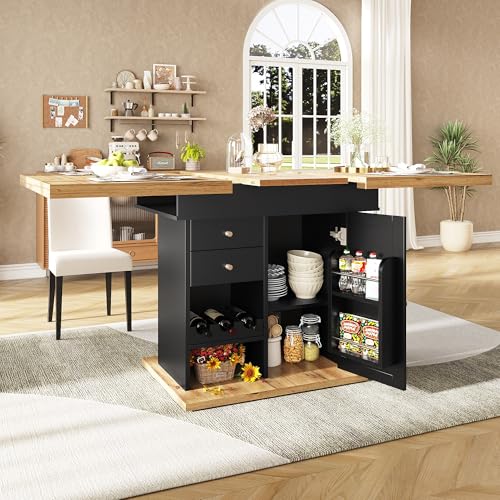 HAINEW Esstisch Küchentisch mit Ausziehbare Tischplatte und Stauraum, Rechteckiger Esszimmertisch Holztisch Speisetisch mit Snackregal und Weinregal Für 4-6 Personen, 110-140×80×75cm (Schwarz) von HAINEW