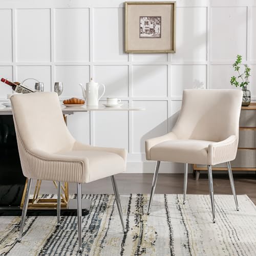 HAINEW Esszimmerstuhl 2er Set mit Metallgriff und Metallbeinen, Moderner Samt Freizeitstuhl Lounge-Stuhl Gepolsterter Stuhl, Küchenstuhl Polsterstuhl für Wohnzimmer und Schlafzimmer (Beige+Silber) von HAINEW