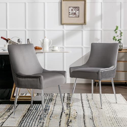 HAINEW Esszimmerstuhl 2er Set mit Metallgriff und Metallbeinen, Moderner Samt Freizeitstuhl Lounge-Stuhl Gepolsterter Stuhl, Küchenstuhl Polsterstuhl für Wohnzimmer und Schlafzimmer (Grau+Silber) von HAINEW