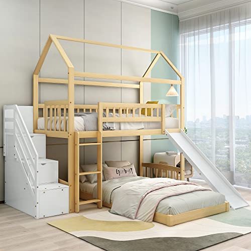 HAINEW Etagenbett 90 x 200cm mit Handlauf Stauraum Treppe und Rechtwinkliger Leiter, Massivholz Kinderbett Hausbett mit Fallschutz und Gitter, Holzbett mit Rutsche, Für Zwei Kinder, Natur+Weiß von HAINEW