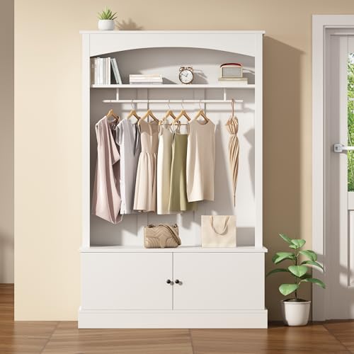 HAINEW Flurgarderoben Set Kompaktgarderobe mit 2 Türen und Schuhbank, Wandgarderoben Set Garderobenset mit Kleiderstange und Offenes Staufach für Flur Schlafzimmer Wohnzimmer, 120×40×190cm, Weiß von HAINEW