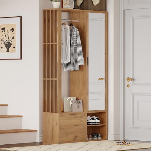 HAINEW Garderobenset Wandgarderobe Set mit Schränken und Spiegel, Flurgarderobe Set Garderobenschrank mit Wäscheständer und Offen Ablagefächer für Flur, Wohnzimmer, 100×33×190cm, Holzfarben HAINEW Garderobenset Wandgarderobe Set mit Schränken und Spiegel, Flurgarderobe Set Garderobenschrank mit Wäscheständer und Offen Ablagefächer für Flur, Wohnzimmer, 100×33×190cm, Holzfarben von HAINEW