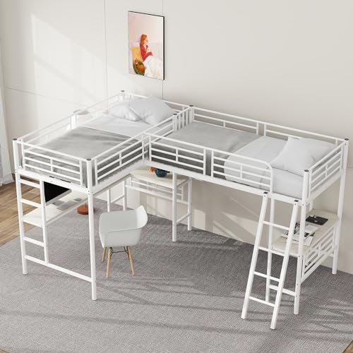 Hochbett Metallbett 90 × 200cm mit Schreibtisch, L Form Doppelbett Eisenbett Bettgestell mit Doppeltreppe und Hohes Geländer für Jugendliche oder Kinder (Weiß) von HAINEW
