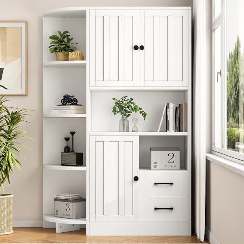 HAINEW Hochschrank Küchenschrank mit 3 Türen und 2 Schubladen, Sideboard Vitrinenschrank Aufbewahrungsschrank Buffetschrank Esszimmerschrank mit 6 Offen Ablagefächer für Wohnzimmer Küche, Weiß von HAINEW