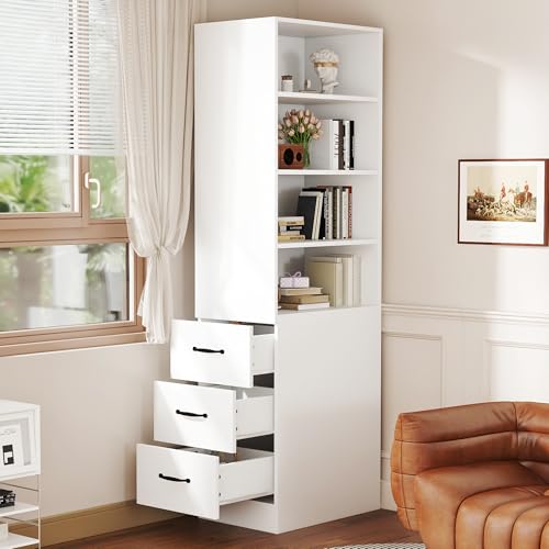HAINEW Hochschrank Mehrzweckschrank mit 3 Schubladen und 4 Offen Ablagefächer, Bücherregal Flurschrank Aufbewahrungsschrank für Wohnzimmer Schlafzimmer, 60×38×180cm, Weiß von HAINEW