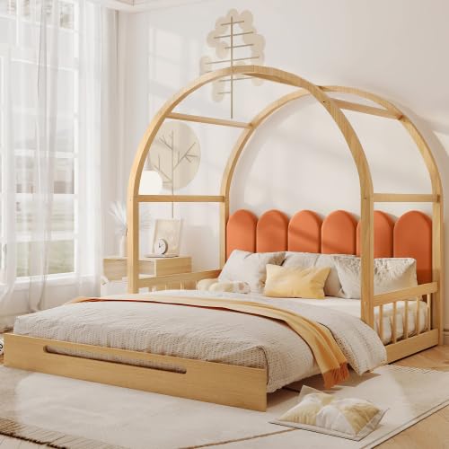 HAINEW Holzbett Erweiterbares 140x100cm bis 140×200cm mit Gewölbtes Dachbett, Kinderbett mit Samt Kopfteil und Rahmen aus Kiefernholz, Schiebebett, Tagesbett, Doppelbett, Bodenbett, Natur und Orange HAINEW Holzbett Erweiterbares 140x100cm bis 140×200cm mit Gewölbtes Dachbett, Kinderbett mit Samt Kopfteil und Rahmen aus Kiefernholz, Schiebebett, Tagesbett, Doppelbett, Bodenbett, Natur und Orange von HAINEW