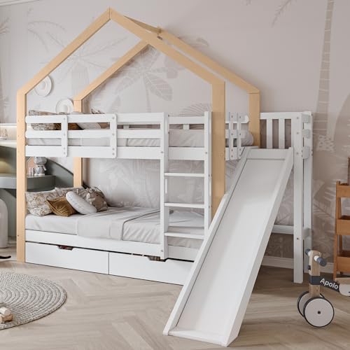 HAINEW Kinderbett 90 × 200 cm mit Rutsche und Dreistufiger Winkelaufstiegsleiter, Holzbett Etagenbett mit Rausfallschutz und Lattenrost, Hochbett Hausbett Mit 2 Schubladen für 2 Kinder, Weiß+Natur von HAINEW