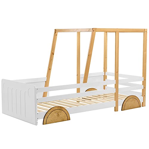 HAINEW Kinderbett 90x200cm Autobett mit Rausfallschutz, Jeep-Bett Holzbett mit MDF-Rädern und Lattenrost aus Kiefer, Weiß + Natur von HAINEW