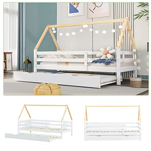 HAINEW Kinderbett 90×200cm Mit Rollen Unten und ausziehbarem Bett, Hausbett Mit Rausfallschutz und Lattenrost, Baumhausbett, Tagesbett, Einzelbett, Ausziehbett, Naturfarbener Dachstuhl, Weiß von HAINEW