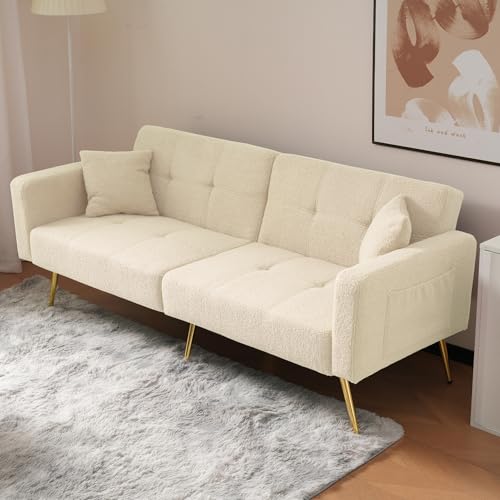 HAINEW Klappbares Schlafsofa mit Schlaffunktion, Moderner 2-Sitzer Couch Sofa Klappsofa Bettcouch Gästebett mit Kissen und Seitlichen Aufbewahrungstaschen für Wohnzimmer Schlafzimmer Büro (Beige) von HAINEW