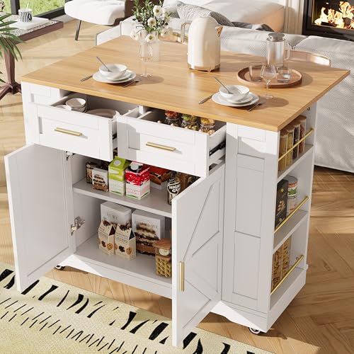HAINEW Kücheninsel Küchenwagen auf Rollen mit Klappbarer Arbeitsplatte und Speicherraum, Küchenschrank Servierwagen Küchentrolley Buffetschrank mit 2 Schubladen und 2 Türen, 120×40/65×90cm (Weiß) HAINEW Kücheninsel Küchenwagen auf Rollen mit Klappbarer Arbeitsplatte und Speicherraum, Küchenschrank Servierwagen Küchentrolley Buffetschrank mit 2 Schubladen und 2 Türen, 120×40/65×90cm (Weiß) von HAINEW