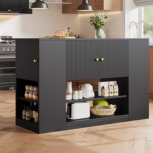 HAINEW Kücheninsel Küchenwagen mit Klappbarer Arbeitsplatte und Offenes Staufach, Küchenschrank Servierwagen Küchentrolley Buffetschrank mit 2 Schubladen und 3 Türen, 140×40/70×90cm von HAINEW