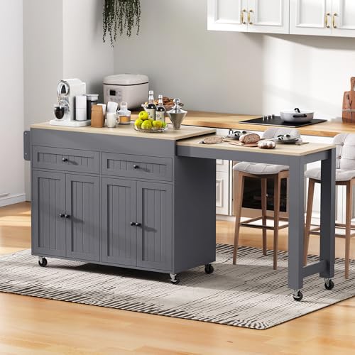 HAINEW Küchenwagen Auf Rollen mit Ausziehbarer Arbeitsplatte und Gewürzregal, Kücheninsel Küchenschrank Servierwagen mit 4 Türen und 2 Schubladen, 113/180,5x45×92,2cm (Grau+Natur) von HAINEW