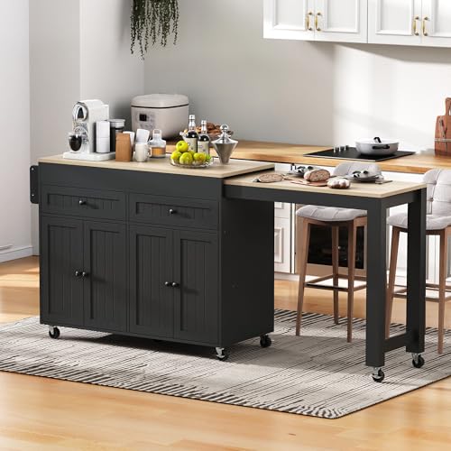 HAINEW Küchenwagen Auf Rollen mit Ausziehbarer Arbeitsplatte und Gewürzregal, Kücheninsel Küchenschrank Servierwagen mit 4 Türen und 2 Schubladen, 113/180,5x45×92,2cm (Schwarz+Natur) von HAINEW