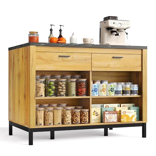 HAINEW Küchenwagen mit Schwarzer MDF Marmor-Arbeitsplatte und Metallgestell, Kücheninsel Küchenschrank Servierwagen mit 2 Schubladen und 4 Offenen Regalen, 120x75×90cm HAINEW Küchenwagen mit Schwarzer MDF Marmor-Arbeitsplatte und Metallgestell, Kücheninsel Küchenschrank Servierwagen mit 2 Schubladen und 4 Offenen Regalen, 120x75×90cm von HAINEW