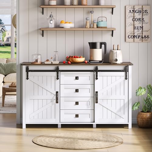 HAINEW Landhausstil Sideboard Kommode mit 2 Schiebetüren und 4 Schubladen, Küchenschrank Aufbewahrungsschrank Buffetschrank Küchenbuffet für Küchen, Wohnzimmer, 137×40×81,5cm, Weiß HAINEW Landhausstil Sideboard Kommode mit 2 Schiebetüren und 4 Schubladen, Küchenschrank Aufbewahrungsschrank Buffetschrank Küchenbuffet für Küchen, Wohnzimmer, 137×40×81,5cm, Weiß von HAINEW
