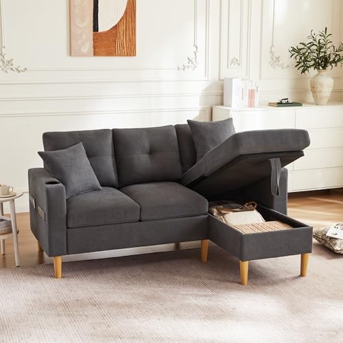 HAINEW Modern Ecksofa Eckcouch Mit Stauraum und Getränkehalter, 3-Sitzer L-förmiges Sofa Couch mit 2 Kissen für Wohnzimme Wohnung Büro (Dunkelgrau) von HAINEW