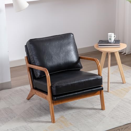 HAINEW Modern Sessel Loungesessel Relaxsessel Cocktailsessel Lehnstuhl Polstersessel Einzelsofa mit Massivholzbeinen für Wohnzimmer Schlafzimmer, Bis 125 Kg (PU-Leder, Schwarz) von HAINEW