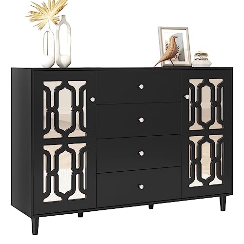 HAINEW Modern Sideboard Mit Kühlen Kristallgriffen Und Zwei Türen, Verspiegelte Anrichte Kommode Mit Vier Schubladen Für Wohnzimmer Oder Esszimmer, 147,5×40×102cm (Schwarz) von HAINEW