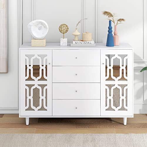 HAINEW Modern Sideboard Mit Kühlen Kristallgriffen Und Zwei Türen, Verspiegelte Anrichte Kommode Mit Vier Schubladen Für Wohnzimmer Oder Esszimmer, 147,5×40×102cm (Weiß) von HAINEW