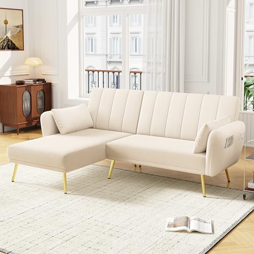 HAINEW Moderner 2 Sitzer L-förmiges Ecksofa Eckcouch mit Schlaffunktion für Wohnzimmer, Wohnung, 191,5×130×80cm, Samt-Material, Verstellbare Rückenlehne, Goldene Beine (Beige) von HAINEW