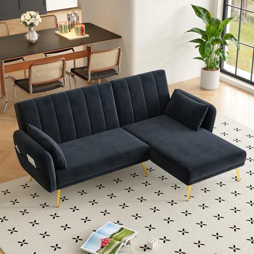 HAINEW Moderner 2 Sitzer L-förmiges Ecksofa Eckcouch mit Schlaffunktion für Wohnzimmer, Wohnung, 191,5×130×80cm, Samt-Material, Verstellbare Rückenlehne, Goldene Beine (Schwarz) von HAINEW