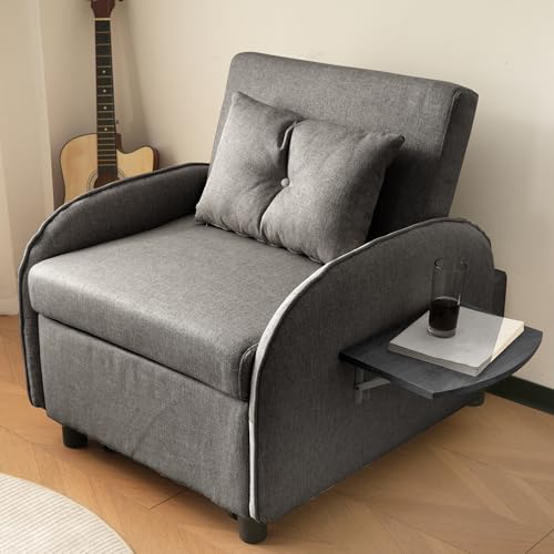 HAINEW Moderner 3 in 1 Einzelsofa Schlafsessel mit schlaffunktion, Klappsessel Verstellbares Sofa-Bett Sofabett Gästebett mit Klappbaren Teetischen für Wohnzimmer, Schlafzimmer (Dunkelgrau) von HAINEW