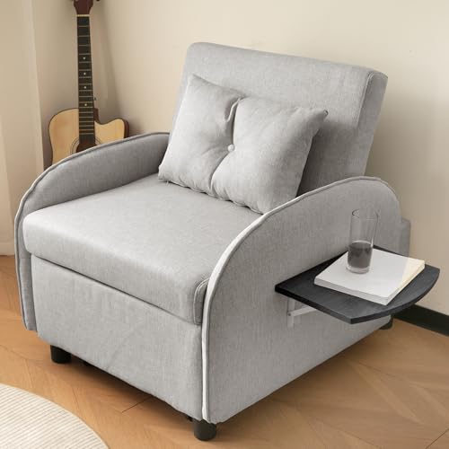 HAINEW Moderner 3 in 1 Einzelsofa Schlafsessel mit schlaffunktion, Klappsessel Verstellbares Sofa-Bett Sofabett Gästebett mit Klappbaren Teetischen für Wohnzimmer, Schlafzimmer (Grau) von HAINEW