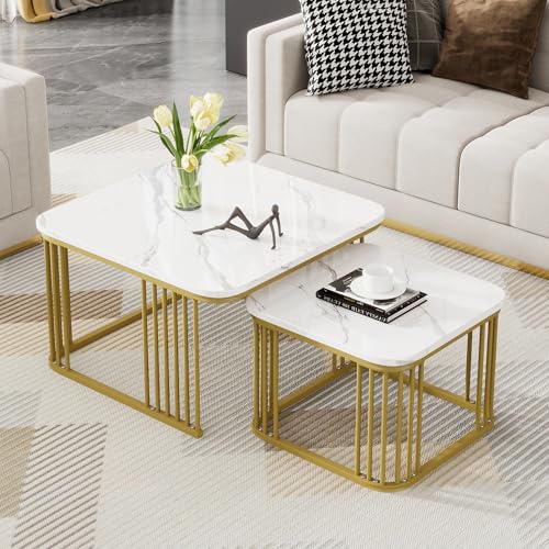 HAINEW Moderner Couchtisch 2er Set mit Hochglanz PVC Marmormuster Tischplatte und Goldener Metallrahmen, Quadratisch Satztische 2er Set, Kaffeetisch Sofatisch für Wohnzimmer Schlafzimmer HAINEW Moderner Couchtisch 2er Set mit Hochglanz PVC Marmormuster Tischplatte und Goldener Metallrahmen, Quadratisch Satztische 2er Set, Kaffeetisch Sofatisch für Wohnzimmer Schlafzimmer von HAINEW