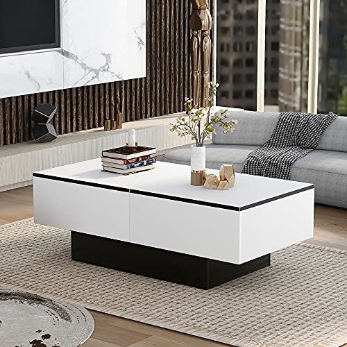 HAINEW Moderner Couchtisch Hochglanz mit Ausziehbarem Tisch und Stauraum, Rechteck Wohnzimmertisch Schreibtisch Sofatisch, 102 x 60 x 40cm (Weiß+Schwarz) von HAINEW