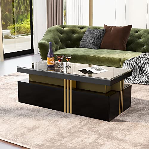 HAINEW Moderner Couchtisch mit PVC-Musterplatte und 2 Holzschubladen, Rechteckiger Wohnzimmertisch Beistelltisch für Wohnzimmer, 100×50×40cm (Schwarz-New) von HAINEW
