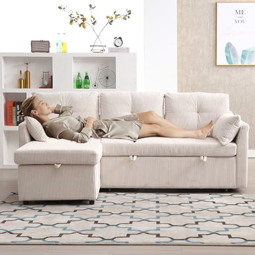 HAINEW Moderner Ecksofa Eckcouch Mit Schlaffunktion und Bettkasten, Polstermöbel 3 Sitzer Sofa Couch mit Kissen und Armlehnen, Samt Loungesofa Bequemes Sofa für Wohnzimmer (Beige + Samt) von HAINEW